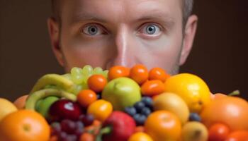 een persoon lachend, Holding vers citrus fruit, op zoek gezond gegenereerd door ai foto