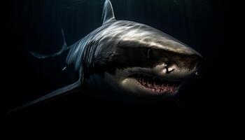 spookachtig onderwater- verschrikking blacktip rif haai scherp tanden en agressie gegenereerd door ai foto