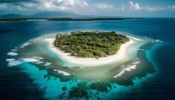 rustig turkoois zeegezicht, palm bomen zwaaien in idyllisch tropisch paradijs gegenereerd door ai foto