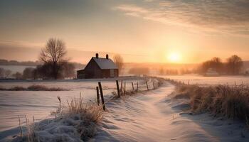 rustig winter landschap sneeuw, vorst, zonsondergang, boerderij, boom, weide gegenereerd door ai foto