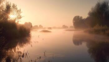 rustig tafereel van zonsondergang over- water, reflectie van boom silhouet gegenereerd door ai foto