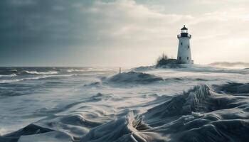 rustig zeegezicht, beroemd baken gidsen schepen door gevaarlijk wateren Bij schemer gegenereerd door ai foto