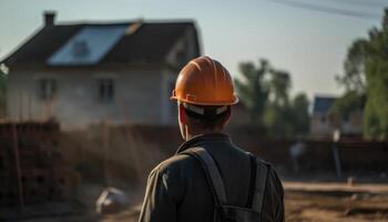bouw arbeider in harde hoed inspecteert gebouw plannen buitenshuis voor veiligheid gegenereerd door ai foto