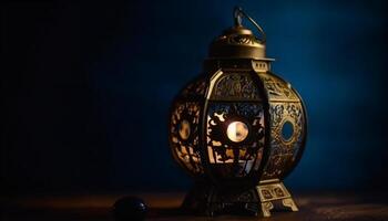antiek lantaarn verlichte met kaars, symbool van traditioneel geestelijkheid gegenereerd door ai foto