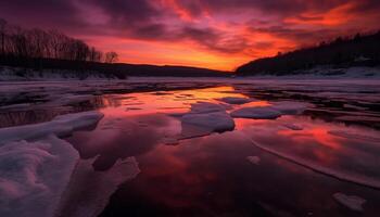 bevroren berg landschap weerspiegelt rustig zonsondergang, winter schoonheid in natuur gegenereerd door ai foto