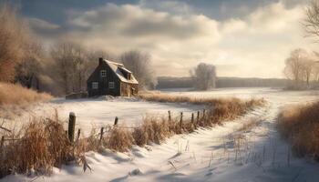 rustig winter landschap sneeuw gedekt boerderij, Woud, en verlaten huisje gegenereerd door ai foto