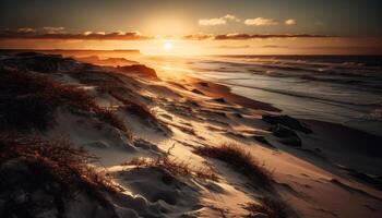 rustig zonsopkomst over- geel zand duinen, reflecterend in kalmte wateren gegenereerd door ai foto