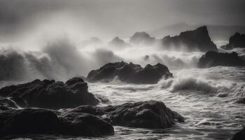 breken golven Botsing tegen rotsachtig kustlijn, dramatisch lucht bovenstaand gegenereerd door ai foto