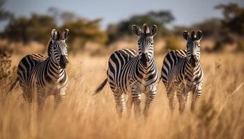 een klein groep van gestreept zoogdieren staand in een rij gegenereerd door ai foto