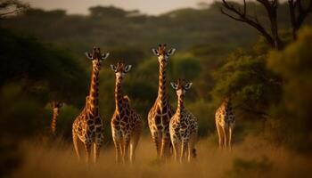 giraffe staand in een rij, op zoek Bij camera, in Afrika gegenereerd door ai foto