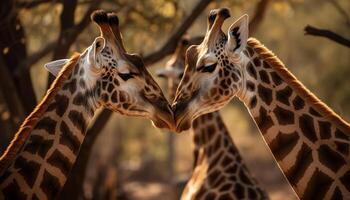 in de wild giraffe familie zoenen, gevlekte in Afrika savanne wildernis schoonheid gegenereerd door ai foto