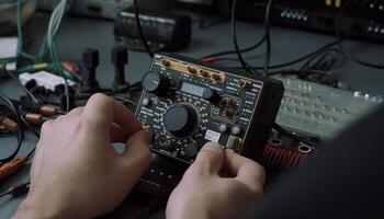 technicus repareren elektrisch apparatuur, menging muziek- Aan computer, controlerend draaitafel gegenereerd door ai foto