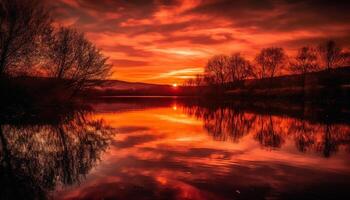 levendig zonsopkomst over- rustig vijver, natuur schoonheid in multi gekleurde horizon gegenereerd door ai foto