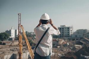 terug visie van ingenieur vervelend wit harde hoed en staand Aan bouw plaats met kopiëren ruimte, een civiel architect ingenieur inspecteren een architectuur, ai gegenereerd foto