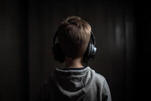 jong jongen luisteren naar muziek- met hoofdtelefoons Aan donker achtergrond, terug visie, een jong jongen vol achterzijde visie met koptelefoon luisteren muziek, ai gegenereerd foto