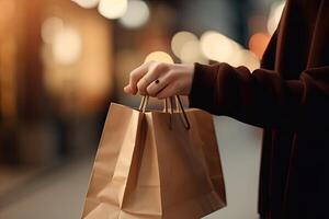 jong vrouw met boodschappen doen Tassen Aan stad straat, detailopname. winter uitverkoop, een vrouw klant Holding een boodschappen doen zak met Product, ai gegenereerd foto