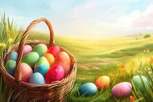 mand met geschilderd Pasen eieren Aan de weide. illustratie. ai gegenereerd. foto