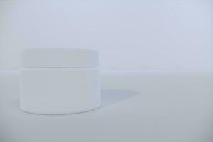 wit blanco glanzend kunstmatig plastic pot bespotten omhoog sjabloon Aan geïsoleerd wit achtergrond, kunstmatig houder voor lichaam room, gel, boter, bad zout, huid zorg, poeder. 3d illustratie foto