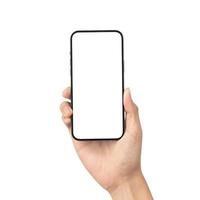 hand met smartphone leeg scherm mockup foto