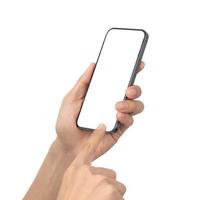 hand houden en spelen smartphone leeg scherm mockup foto