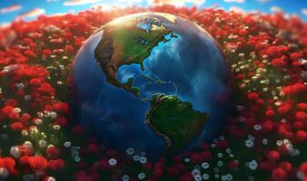 planeet aarde met bloemen bed. concept van aarde dag, milieu dag of nationaal bloem dag.ai gegenereerd foto