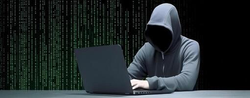 anoniem hacker met laptop. concept van donker web, hacken cyberbeveiliging. ai gegenereerd beeld foto