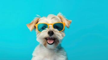 gelukkig puppy hond portret vervelend zomer zonnebril en op zoek Bij camera geïsoleerd Aan blauw helling studio achtergrond. ai gegenereerd foto