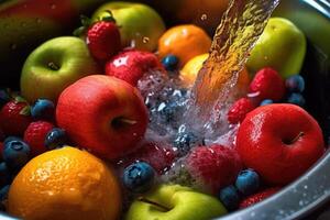 divers fruit naar wassen in wasbak, ai gegenereerd foto