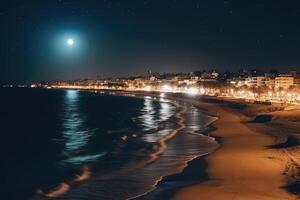 antenne foto van dar van mooi stad en de strand Bij nacht , ai generatief