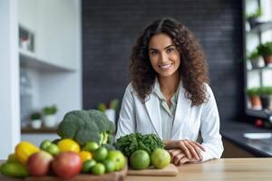 vrouw voedingsdeskundige Bij haar werkplek, ai gegenereerd foto