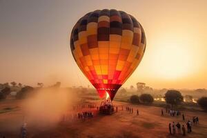 heet lucht ballon Aan de grond landen of beginnend naar lancering met onherkenbaar mensen, ai gegenereerd foto