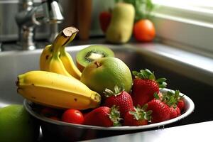 divers fruit naar wassen in wasbak, ai gegenereerd foto