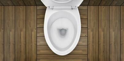 top visie. van toilet kom in badkamer met houten verdieping foto