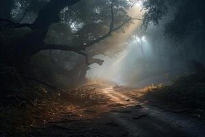 mystiek Woud landschap met bomen. generatief ai foto