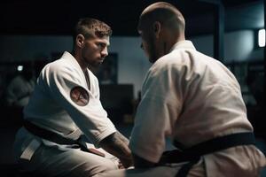 twee braziliaans jiu jitsu strijders opleiding Aan tatami. generatief ai foto