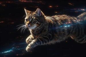 ruimte kat vliegend door de sterren cybernetica neurocybernetica lichtsnelheid illustratie generatief ai foto