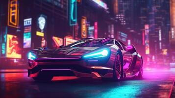 futuristische sport auto met neon lichten Bij cyberpunk stad straat. generatief ai foto