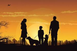 gelukkig familie en hond silhouetten Bij zonsondergang. generatief ai foto