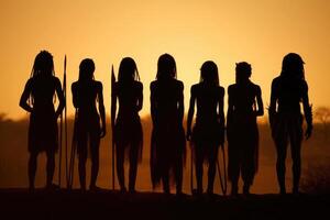 silhouetten van Afrikaanse aboriginals Bij zonsondergang. generatief ai foto