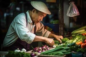 Aziatisch chef kiezen vers groenten Bij voedsel markt. generatief ai foto