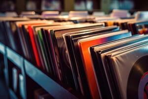 vinyl records in doos voor uitverkoop. generatief ai foto