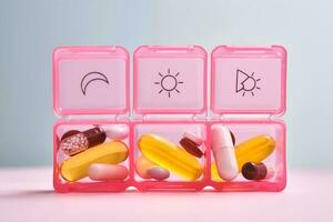 helder pil doos met verschillend pillen en vitamines. foto