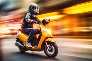 mannetje fietser het rijden retro scooter Bij stad straat. generatief ai foto