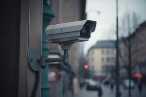 toezicht camera Bij stad straat. cctv toezicht houden systeem. generatief ai foto