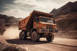 mijnbouw groot steengroeve dump vrachtwagen. vervoer industrie. een mijnbouw vrachtauto is het rijden langs een berg weg illustratie generatief ai foto