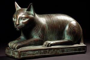 Egyptische schrift schattig kat beeldje beeldhouwwerk geïsoleerd Aan zwart achtergrond illustratie generatief ai foto