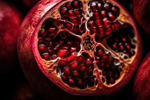 generatief ai, macro vers sappig voor de helft van granaatappel fruit achtergrond. detailopname foto