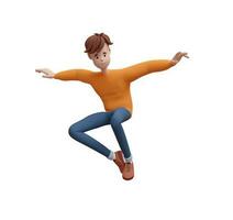 3d jong positief Mens springen, vliegend in een dynamisch houding. portret van een grappig tekenfilm vent in gewoontjes kleren. minimalistisch gestileerde karakter. 3d illustratie Aan wit achtergrond. foto