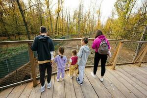 familie met vier kinderen op zoek Bij wild dieren van houten brug. foto