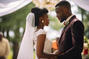 verbazingwekkend Afrikaanse Amerikaans paar in bruiloft ceremonie. generatief ai. foto
